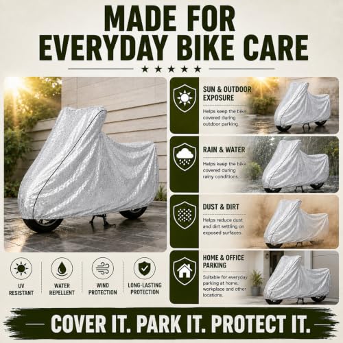 Image of Pivalo 100% Waterproof (Tested) Bike Body Cover for All Sports Bikes & Upto RE 350 Size | Multi-Layer Dustproof & UV Protected | All Weather Protection Two Wheeler Motorcycle Cover (XL, Silver)