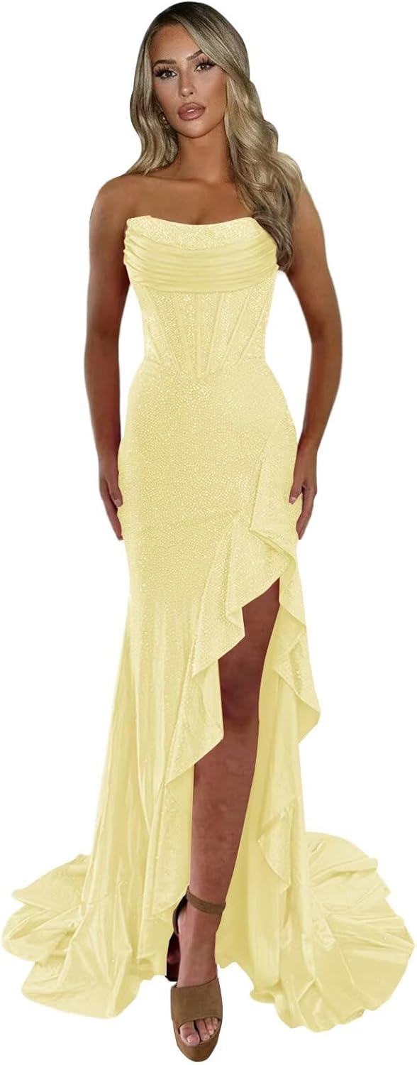 Xijun Women's Strapless Sparkly Sequin Prom Dresses 2026 Mermaid Ruffles Long Formal Evening Dress with Slit