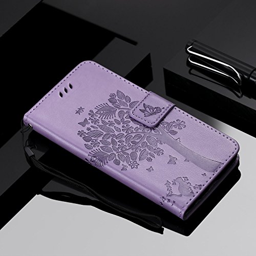 Iphone 11 Case With Screen Protector,Iphone 11 Wallet Case,Flip Case Pu Leather Emboss Tree Cat Flowers Folio Magnetic Kickstand Cover Card Slots For Iphone 11 Light Purple #TOP5