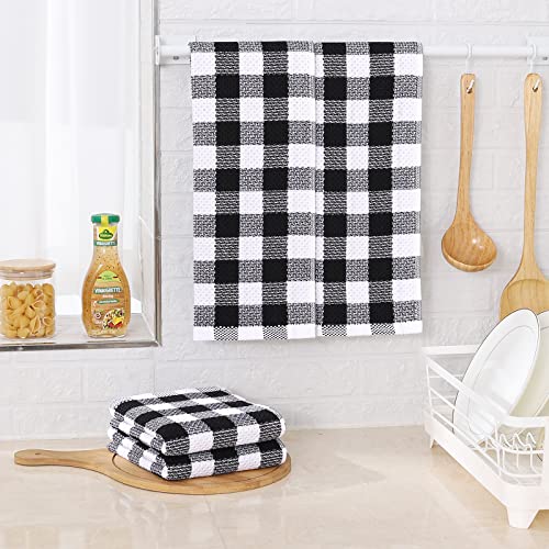 Homing Kitchen Towels, 100% Cotton Waffle Weave Dish Towels For Drying Dishes, Super Soft, Absorbent, Quick Dry, 4 Pack Buffalo Plaid Hand Towels For Kitchen (13" X 28", Black & White) #TOP4