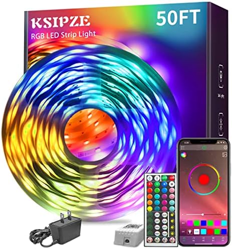 KSIPZE Led Strip Lights RGB Music Sync Color Changing,Sounds Activatived Lighting Equipment,Bluetooth Led Lights with Smart App Control Remote,Led Lights (50 FT)