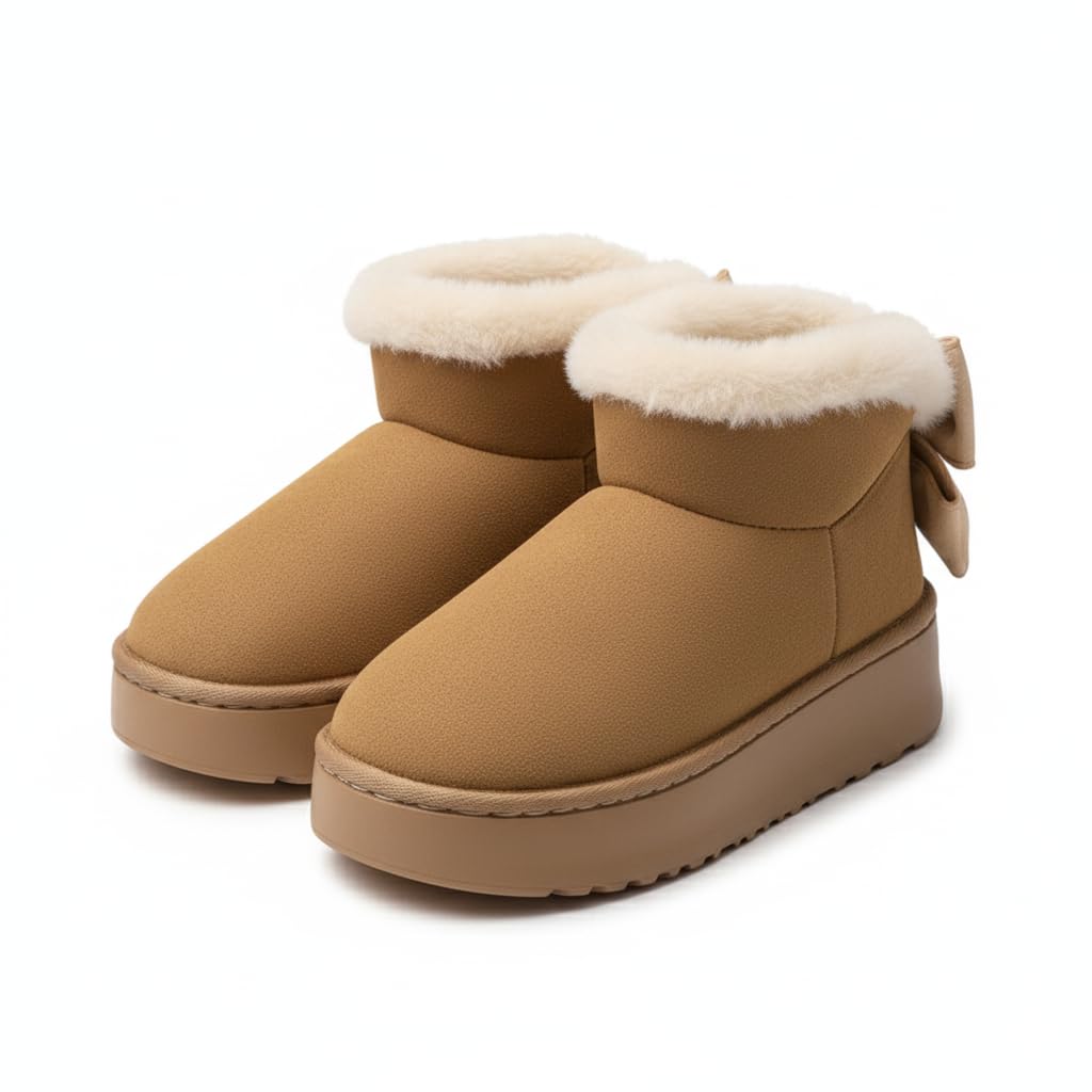 Platform Snow Boots for Women with Bow Mini Boots with Waterproof Genuine Suede Warm Fur Lining - Ankle