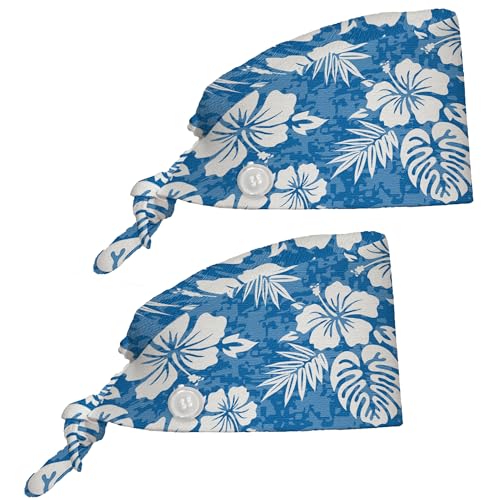 2 Pcs Working Cap Scrub Caps for Women, Nurse Hat Women Ponytail, Scrub Hats with Sweatband Buttons Adjustable Nurse Caps, Tropical Palm Leaf Hibiscus, One size