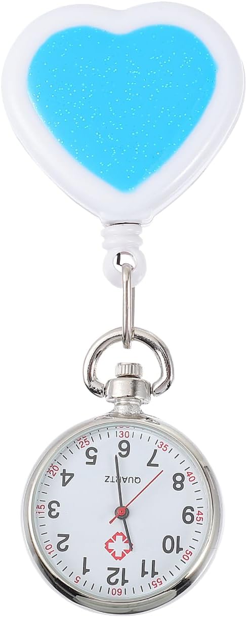 Hemobllo Heart Shaped Retractable Nurse Pocket Watch Quartz Clip-on Hanging Table with Second Hand for Professionals
