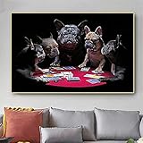ATHFIN Lustige Tierkunst Poster und Drucke Französische Bulldoggen Spielkarten Leinwand Gemälde Niedlicher Hund Wandbilder Wohnzimmer Dekor 50x70cm Rahmenlos