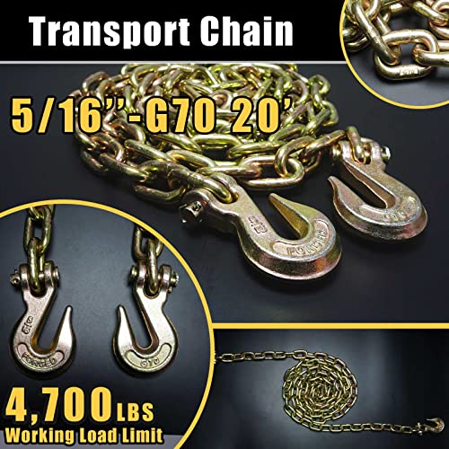 Aymmic 5/16"-3/8" Ratchet Load Binder And 5/16"|G70|20' Transport Chain Kit,Chain Binder With 5,400Lbs Working Load Limit,Tow Chain With Grappling Hook,Tie Down Loads To A Truck Or Flatbed Trailer #TOP2