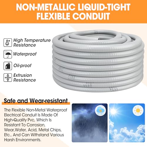 100FT Liquid-Tight Conduit and Connector Kit, 1/2 Flexible Non Metallic Electrical Conduit with 5 Straight and 3 Angle Fittings, PVC Conduit