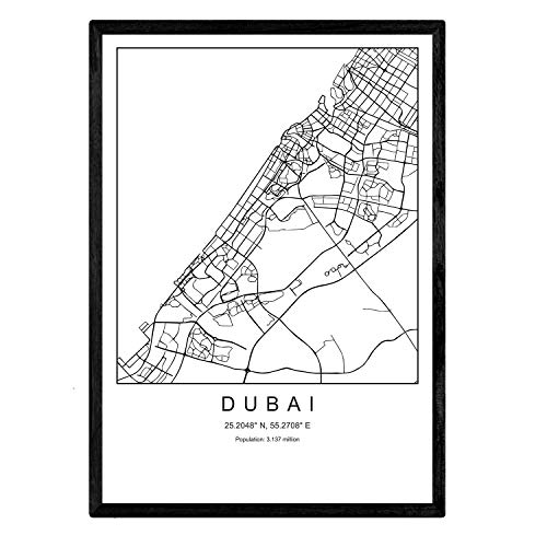 Carte de la carte de la ville Dubai Nordic Style en noir et blanc. Affiche A4 encadrée de papier imprimé de cadre noir 250 gr. Photos, draps et affiches pour...