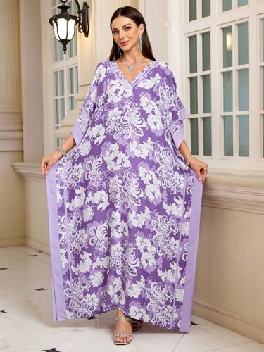 Image of KECVOT Kaftan Dresses for Women V-Neck Print Swimsuit Cover Up Plus Size Beach Caftan Lounge Dress