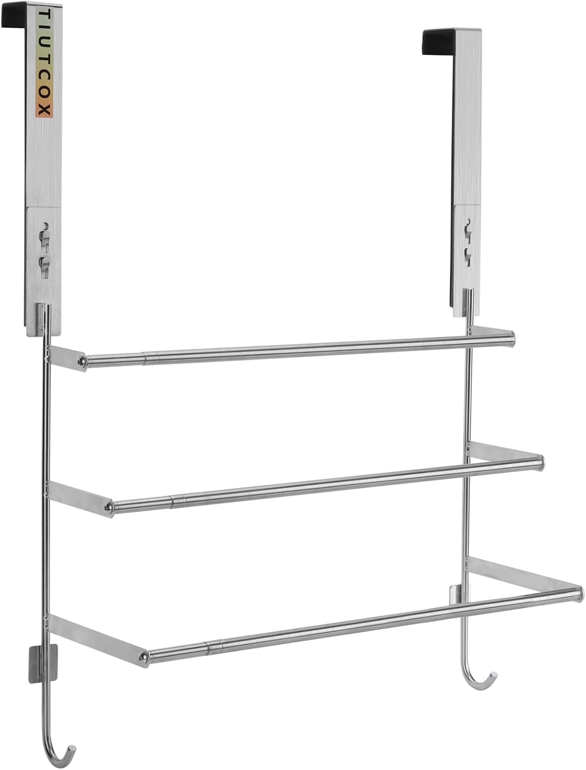 Over The Door Towel Rack, 304 Stainless Steel Towel Racks for Bathroom with 3-Tier Adjustable Pole, 2 Punch-Free Screw Stickers, 23.22 * 17.71-29.52 * 6.22, Silver