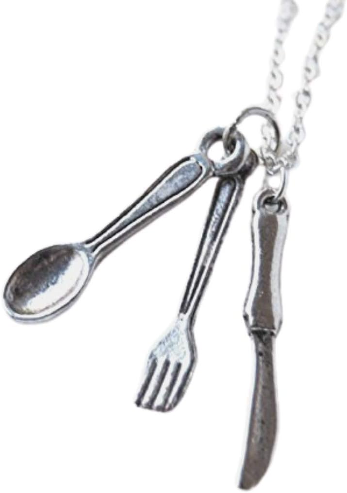 Tiny Silver Utensils Necklace - Cute Knife Spoon and Fork Charm Necklace