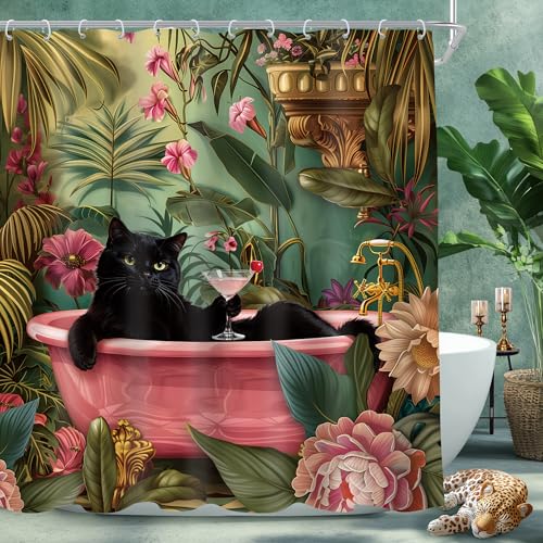 Cinbloo Funny Black Cat 72Wx72H Shower Curtain Hot Pink Peony Floral Flower Cute Animal in Bathtub Retro Jungle Tropical Leaves Plant Bathroom Curtain Set Vintage Bath Bathroom Accessories Decor