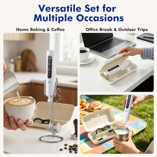 Image of Rechargeable Milk Frother with Stand, 4 Interchangeable Whisks & Travel Case - Handheld Mixer for Lattes, Matcha, Hot Chocolate, Eggs & Protein Shakes