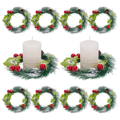 ACRNIGHEET 10 Pcs Christmas Candle Rings Artificial Norfolk Pine Wreaths Candle Rings Snowy Pine Garland Decor Wreath Candleholders for Christmas Table Centerpieces Decorations Door Wedding Party