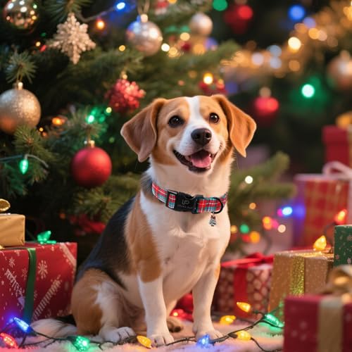 Image of Christmas Dog Collar, Red and Green Plaid Adjustable Pet Collar with Snowflake Charm, Holiday Dog Accessories for Small Medium Large Dogs