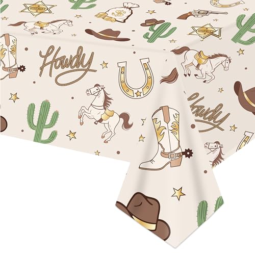 LUCKYQUBE Western Rodeo Tablecloth Brown Cowboy Party Supplies 2PCS Cowboy Boots and Hat Cactus Disposable Tablecover Howdy Cowgirl Themed Birthday Party Decorations for Hoedown Party Table Decor