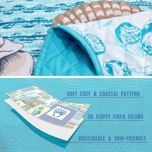 Image of HZ & HY Coastal Oversized King Bedspread, Reversible Beach Pattern Quilt Set King /Cal King, Lightweight Coverlet, Scalloped Edge - Coral Reef Coastal Look, 6 Piece, Coral