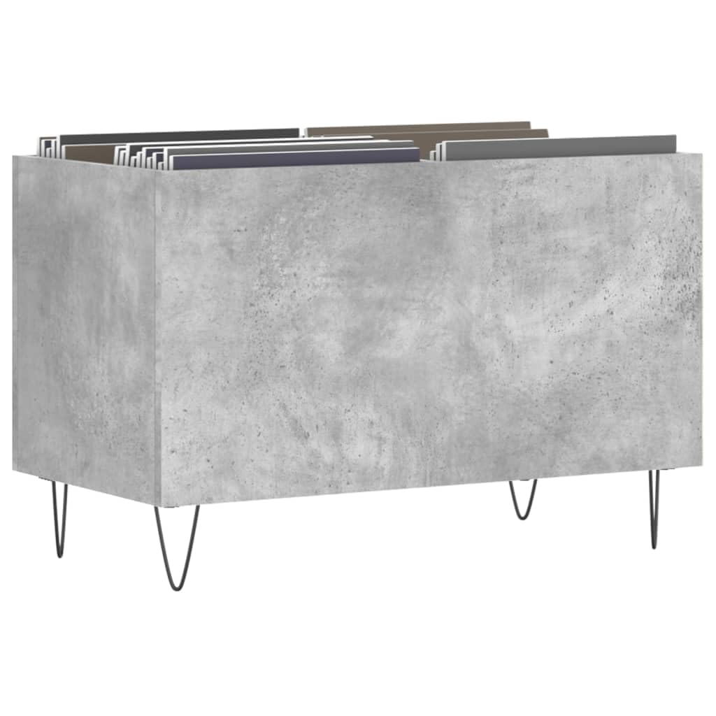 Betonowa szara szafka panelowa 74,5 x 38 x 48 cm, wykonana z materiału drewnopochodnego z żelaznymi nogami, przestronna i stabilna, do winylu, płyt LP, z miejscem do przechowywania