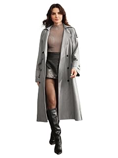Womens 2025 Fashion Fall Trench Coat Striped Long Double Breasted Lapel Trench Coat