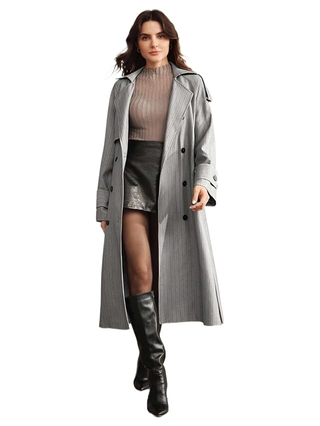 Womens 2025 Fashion Fall Trench Coat Striped Long Double Breasted Lapel Trench Coat