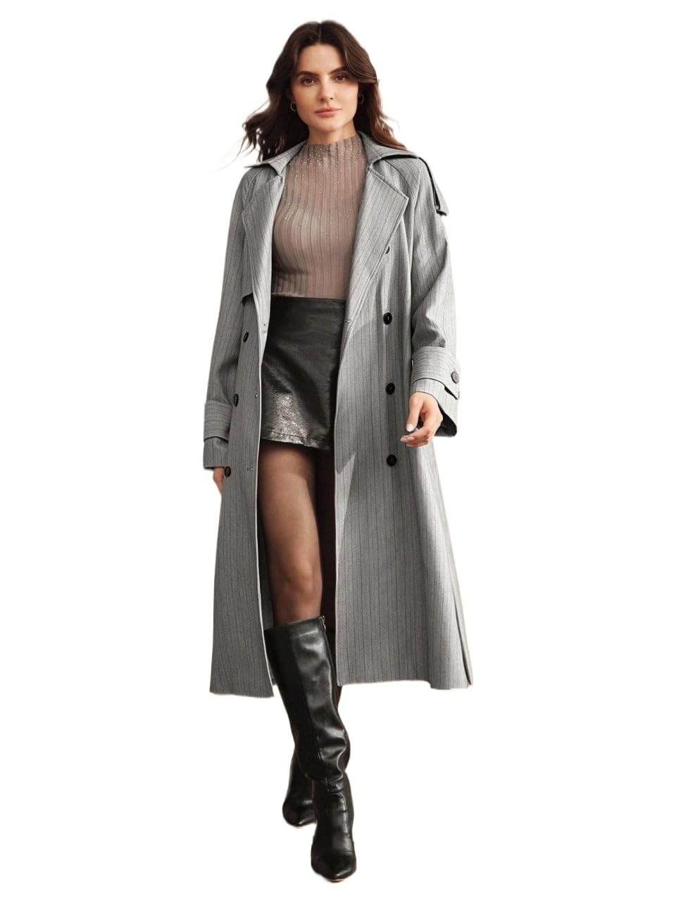 Womens 2025 Fashion Fall Trench Coat Striped Long Double Breasted Lapel Trench Coat