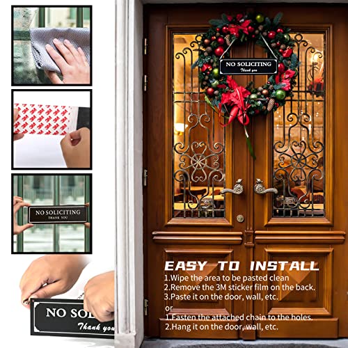 Bedeone No Soliciting Sign For House, Strong Self Adhesive No Soliciting Signs For Home, Hanging No Solicitors Sign For Front Door - Premium Frosted Material With Digitally Printed, Come With Chain (2.35" X 8.25") #TOP5