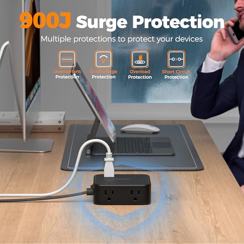 Image of TESSAN Surge Protector Power Strip, 10 Ft Flat Plug Extension Cord with 3 USB (1 USB C) 8 Outlets, 1250W, 900J Protection, 3 Sided Outlet Extender with Power Switch for Office, Dorm Room, Black