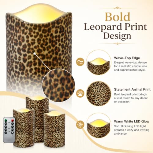 Image of Leopard Print Flameless LED Pillar Candles with Remote 3 Pack