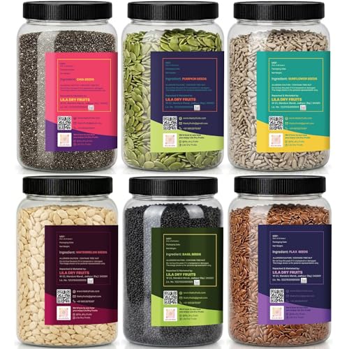 Image of LILA DRY FRUITS 6 Seeds Combo Pack Chia Flax Basil Pumpkin Sunflower Watermelon Seed Mix 250 g x 6 for Eating Healthy Raw Seeds Mix Super Seed Combo Daily Nutrition Seeds Blend
