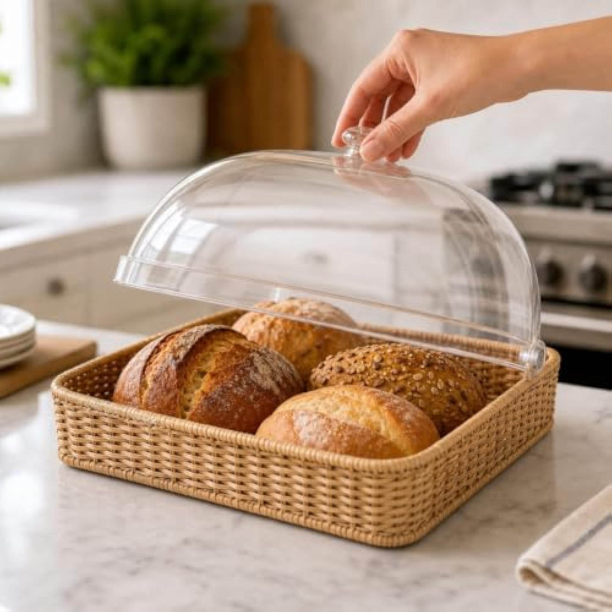 Clear Hinged Food Cover, Dustproof Bread Box with Tray