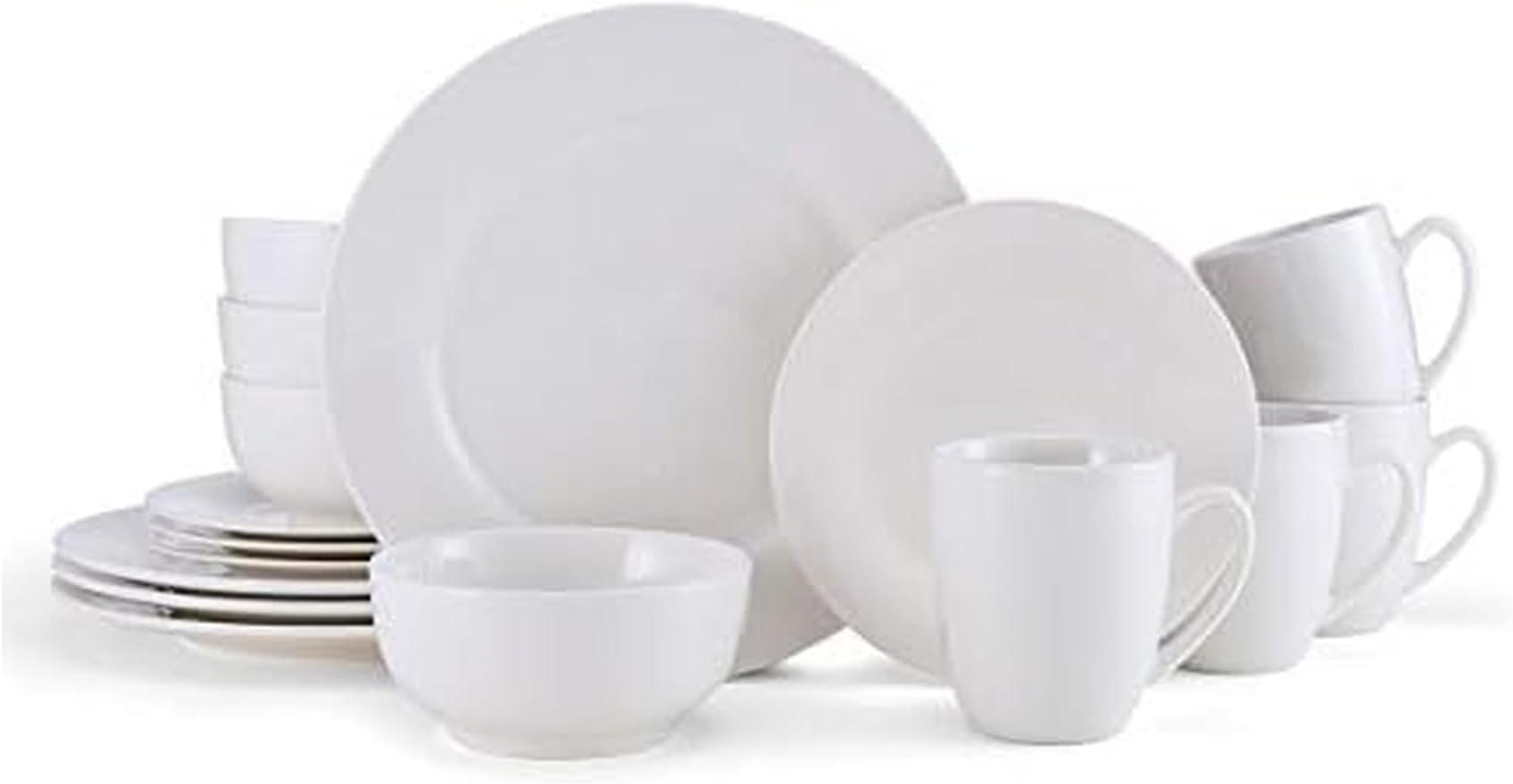 Studio Nova Kendall 16 Piece Dinnerware Set - White Porcelain Modern Tableware with Coupe Shapes & Unique Rim Design - Includes Dinner Plates Bowls Mugs & Salad Plates, Service for 4