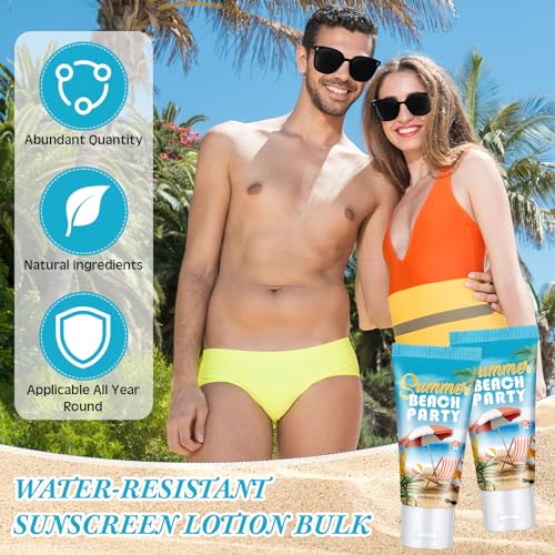 Dansib 12 Sets Mini Sunscreen and Sunglasses Bulk for Wedding Party Spf30 Water Resistant Sunscreen Lotion Bulk 1oz Travel Size for Thank You Gifts Wedding Party Supplies(Beach)