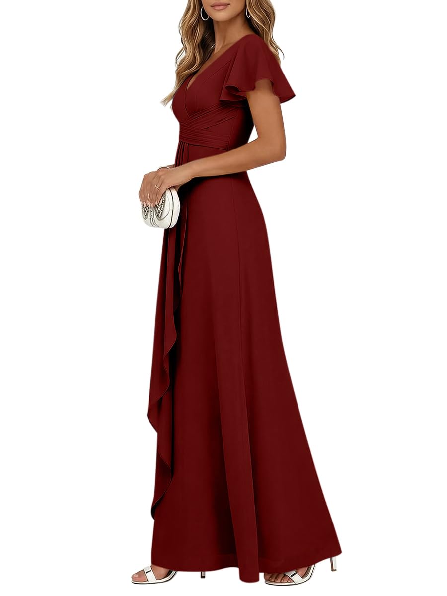 Minetom Damen Abendkleider V-Ausschnitt Hohe Taille A-Linie Chiffon Brautjungfernkleid Elegant Lang Ballkleid Abschlusskleid