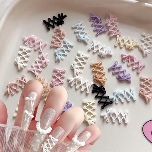 LBPEPAMZ 150Pcs Mixed Color Nail Art Charms Soft Sculpture Cross Strap Bow Nail Accessories 3D French Tip Ballet Shoe Laces Nails Supplies Black White Pink Purple Nail Charms for Nails for Women
