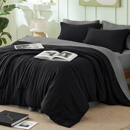 Image of Bedsure Queen Comforter Set - 7 Pieces Black Queen Bedding Set for All Seasons, Boho Contrasting Design Bed in a Bag with Comforter, Sheets, Pillowcases & Shams