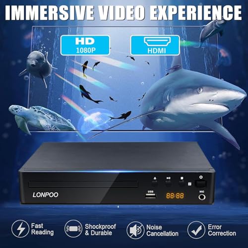 Image of LONPOO DVD Player with HDMI for TV, Region Free DVD Player with Full HD Picture Quality,Microphone Port,USB Playback,HDMI & AV Cable Included,Not Support Bluray