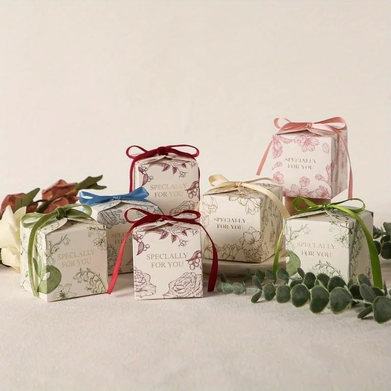 Geschenkbox 30/40/50 Stück Blumen-Geschenkboxen mit Schleife | Elegante Geschenkboxen aus Papier in Pastellrosa mit weißen Blumen for Hochzeiten, Geburtstage und Partys(Red,50pcs)