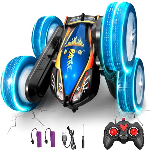 AlldGuo Remote Control Car for Kids Adults, 2026 RC Cars with LED Lights & Music, 4WD 360° Rotating Off-Road Vehicle, Dual Batteries, Double-Sided Stunt Toy Gift