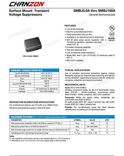 (Pack Of 50 Pieces) Chanzon Smd Tvs Diodes Smbj5.0A Smbj5.0 600W 5V Smb (Do-214Aa) Unidirectional Channel 600 Watt 5 Volt #TOP1