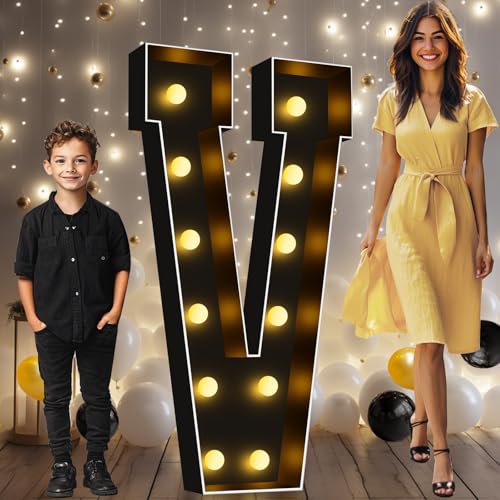Image of Pooqla 4FT Marquee Light Up Letters, Black Large Letter V Party Decorations | LED Marquee Letters 4 Feet Tall, Black Giant Mosaic Letters Gift for Boys Men Birthday Anniversary Wedding Decoration