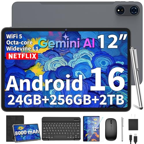 2026 12 Inch Large Tablet, Android 16 Tablet with Keyboard (Black Case)