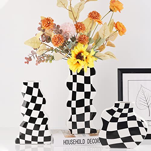Creative Checkerboard Vase Black And White Ceramic Vases Simple Irregular Geometric Flowers Vase Modern Lattice Ceramic Decorative Vase For Home Living Room Mantel Office Desktop Centerpieces (Large) #TOP6