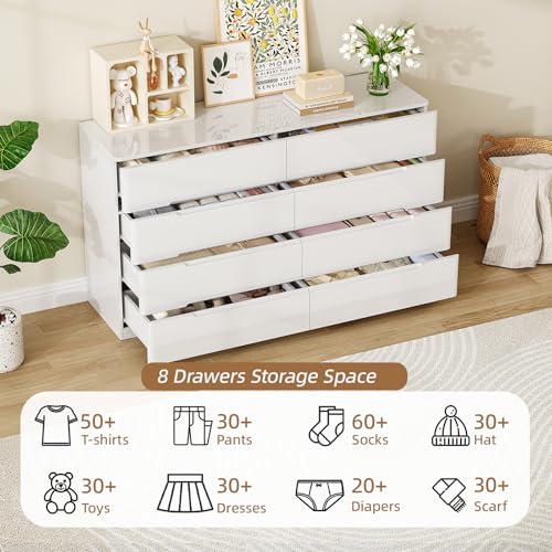 Image of White Wood Dresser, 8 Drawer Dressers for Clothes Storage for Bedroom, Modern Dresser with Wide Drawers, Wide Wooden Chest Drawers for Living Room, Entryway, TV Stand