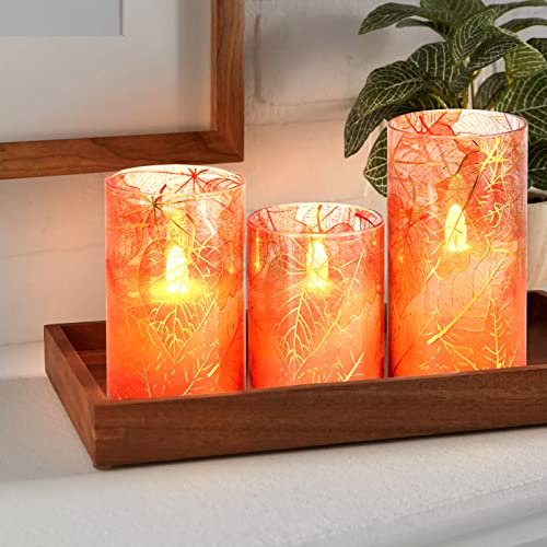 Immeiscent Flickering Flameless Candles, Fall Harvest Autumn Maple Leaf Glass Candle,Battery Candle With Timer & Remote, Realistic Pillar Candle For Thanksgiving,Christmas,Holiday,Set Of 3 #TOP1