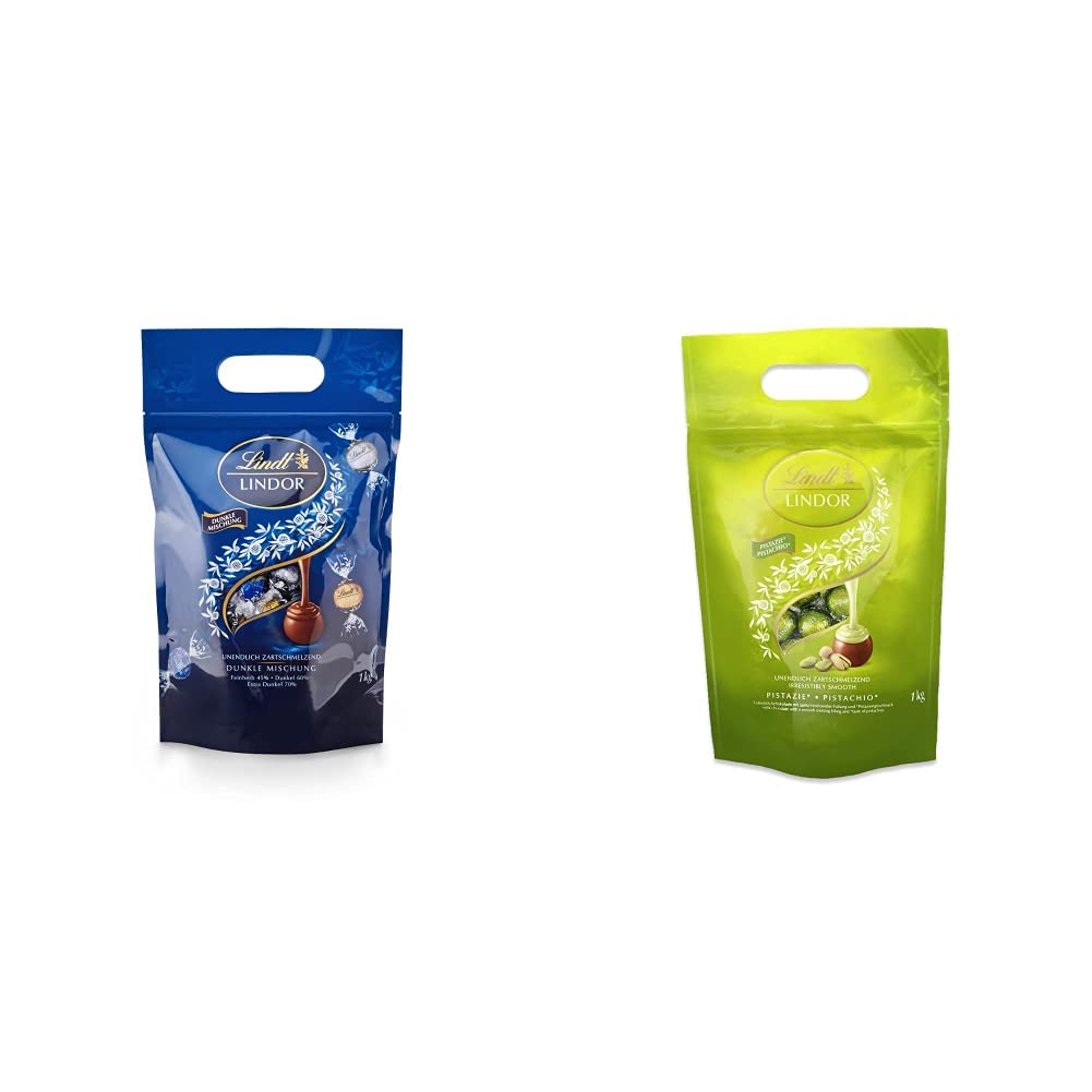 Lindt LINDOR Schokoladen Kugeln Dunkle Mischung | 1 kg Beutel, wiederverschließbar | ca. 80 Kugeln dunkle Schokolade (50%, 60% & 70% Kakao) & LINDOR Schokoladen Kugeln Pistazie | 1 kg Beutel