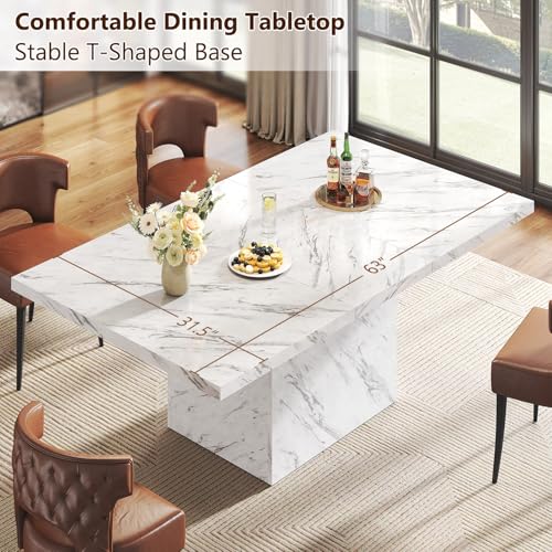 Image of HSH 63 inch White Faux Marble Dining Table for 6, Rectanguler Dining Room Table