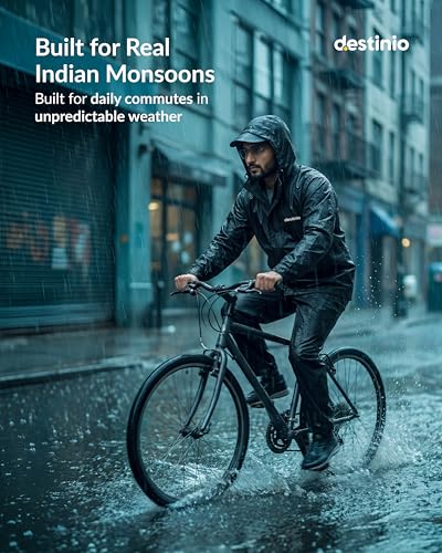 Image of Destinio Rain Coat for Men Waterproof with Hood, Thick Polyester, Leak Proof, Premium Zipper, Raincoat for Bike Riding, Double Layer Rain Suit for Riders, Rainwear Set