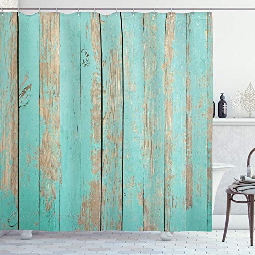 Lunarable Aqua Shower Curtain, Worn Out Wooden Planks Faded Paint