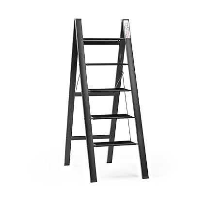 Jeval 5 Step Folding Ladder: Wide Pedal, Lightweight Metal - Portable Ladder (Metal)(5 Steps)