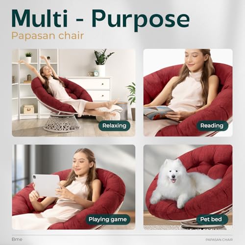 Image of Bme Ergonomic Wicker Papasan Chair with Soft Thick Density Fabric Cushion, High Capacity Steel Frame, 360 Degree Swivel for Living, Bedroom, Reading Room, Lounge, Cherry Sangria - White Base